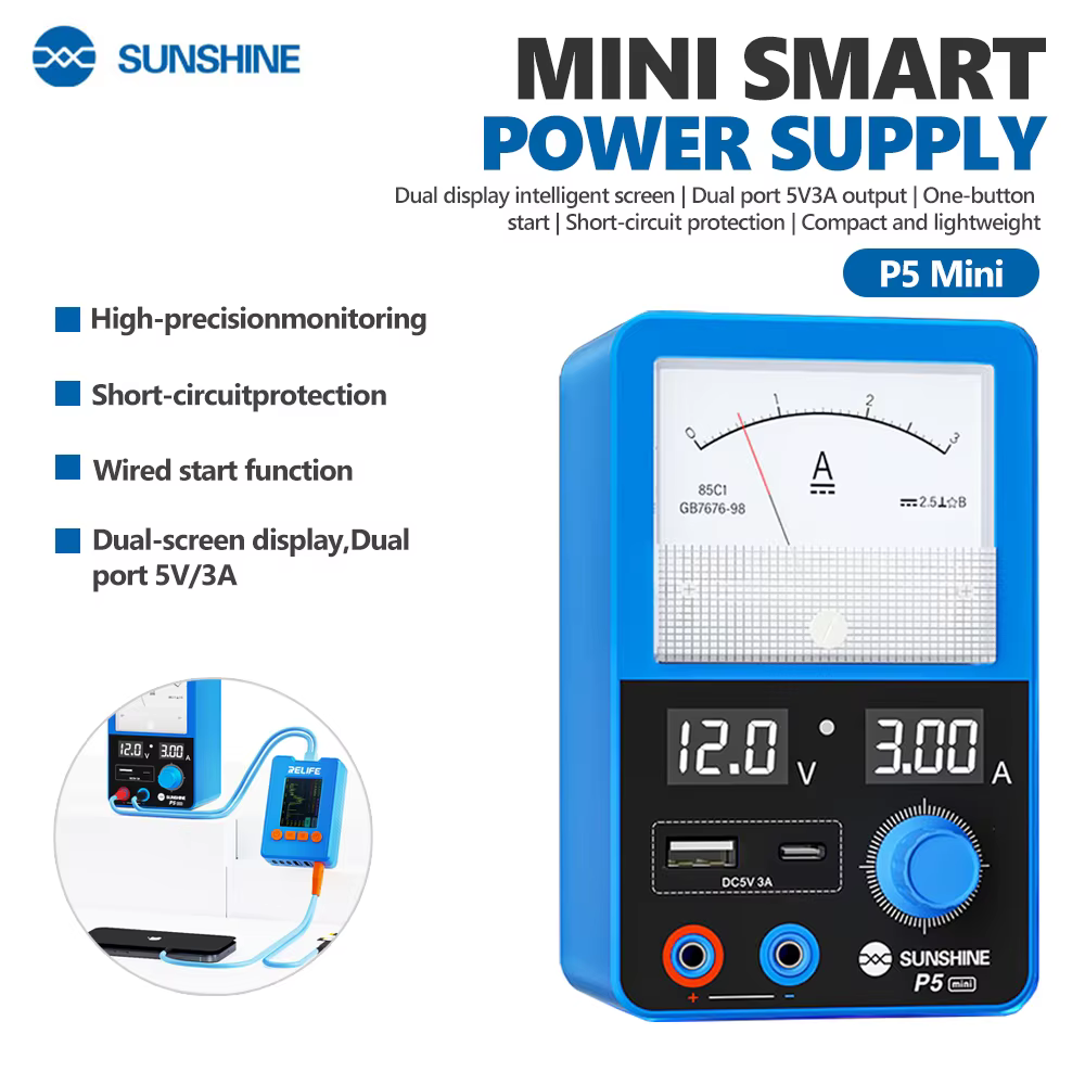 SUNSHINE P5 Mini alimentation intelligente 12V 3A avec Ports USB-A/C pour réparation d'appareils électroniques outil de détection de tension et de courant