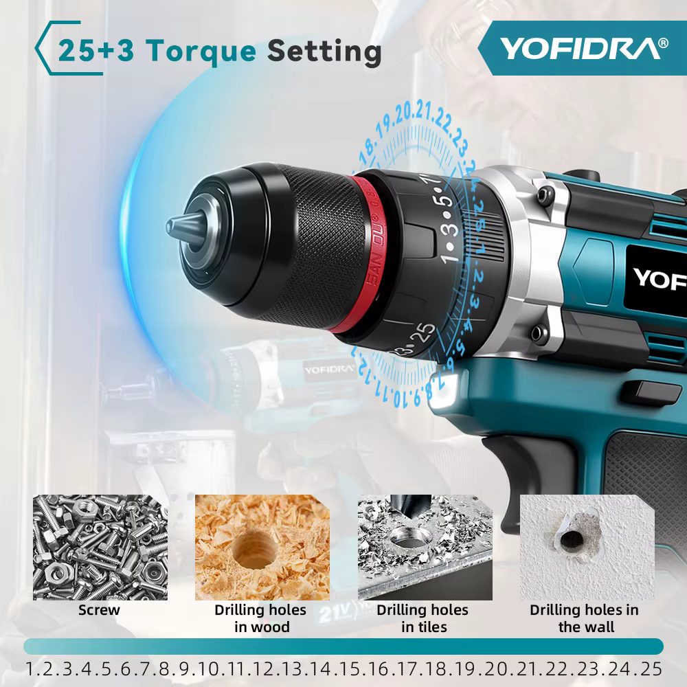 YOFIDRA 25 + 3 couple perceuse à percussion électrique portable 3IN1
