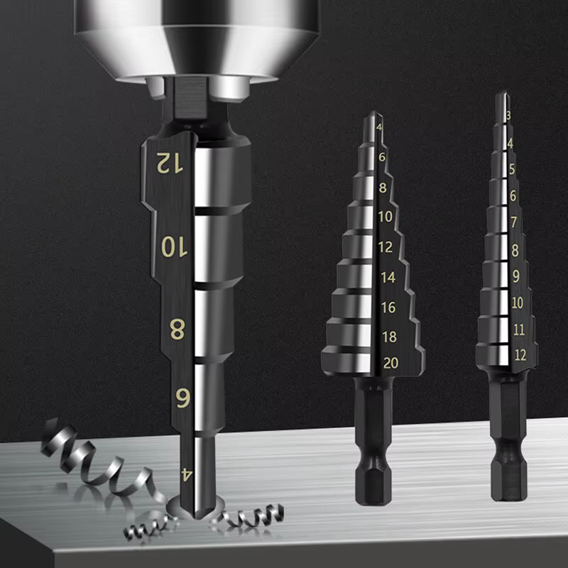 3Pcs HSS Droite Groove Étape Foret 3-12mm 4-12mm 4-20mm Nitrure Noir Hex Bois Métal Trou Cutter Core Outils De Forage Ensemble