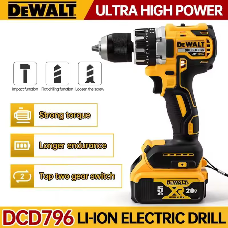 Dewalt DCD796 13mm perceuse électrique à percussion sans brosse tournevis sans fil multifonctionnel batterie Rechargeable 20V outils électriques