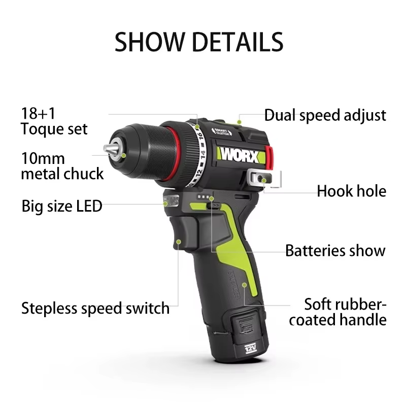 WORX WU135 perceuse électrique sans fil 12V 50Nm 1800 tr/min moteur sans brosse tournevis