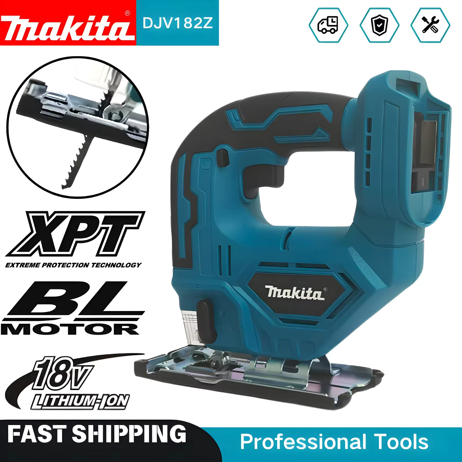 Scie sauteuse électrique Makita DJV182Z 18V sans fil avec poignée en forme de baril et lame