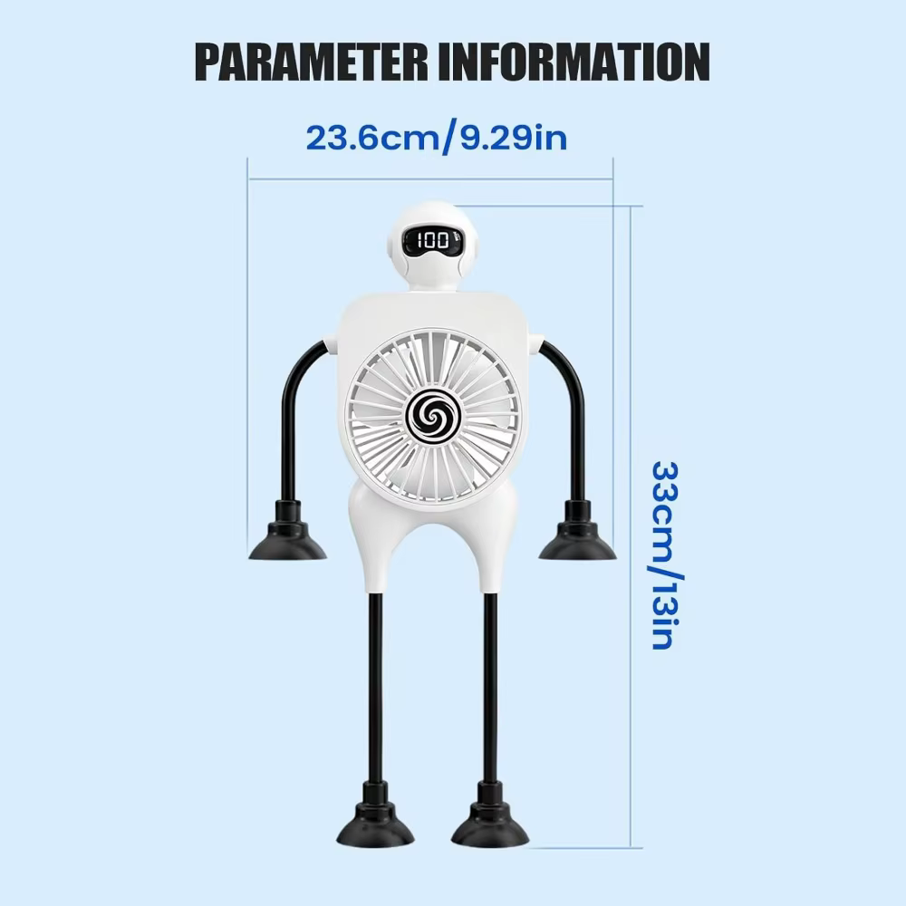 Ventilateur de bureau portable robotisé avec ventouse fixe, réglage 100 vitesses, affichage LED, chargement USB, ventilateur de refroidissement multifonctionnel, cadeaux