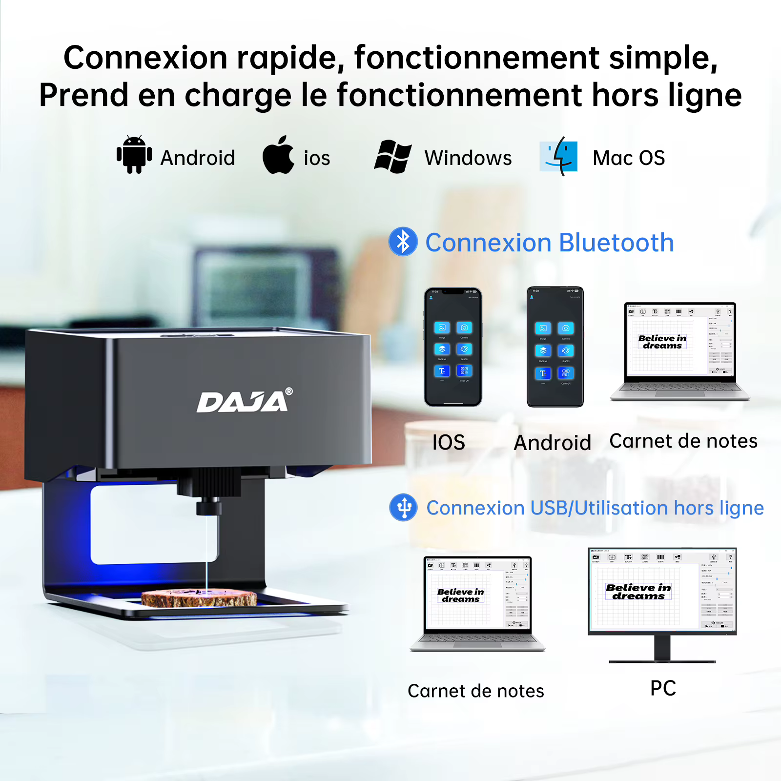DAJA DJ6 Mini graveur Laser Portable bricolage Bluetooth Machine peint chien étiquette papier cuir en bois plastique