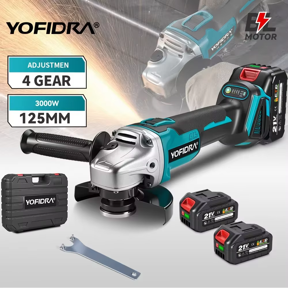 YOFIDRA 125mm meuleuse d'angle sans brosse 4 vitesses rectifieuse sans fil coupe travail du bois pour Makita 18V-21V batterie broche