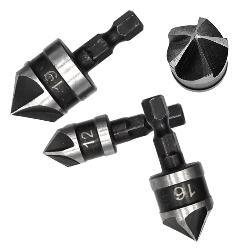 3PC Hexagonale Tige 90 Degrés Noir Cinq Lame Chanféreur 12/16/19mm Fraise Forage Bois Trou Ouvre Outil Ensemble