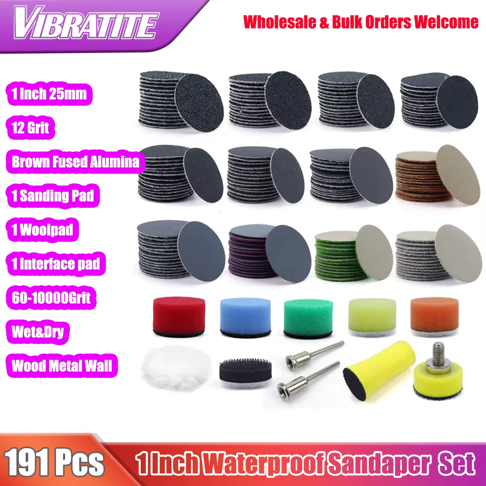 191 PCS 1 «, 25mm Hook & Loop Wet & Dry Sandpaper with 3mm Shank Pad Polishing Pad and Interface Pad (Papier de verre h
