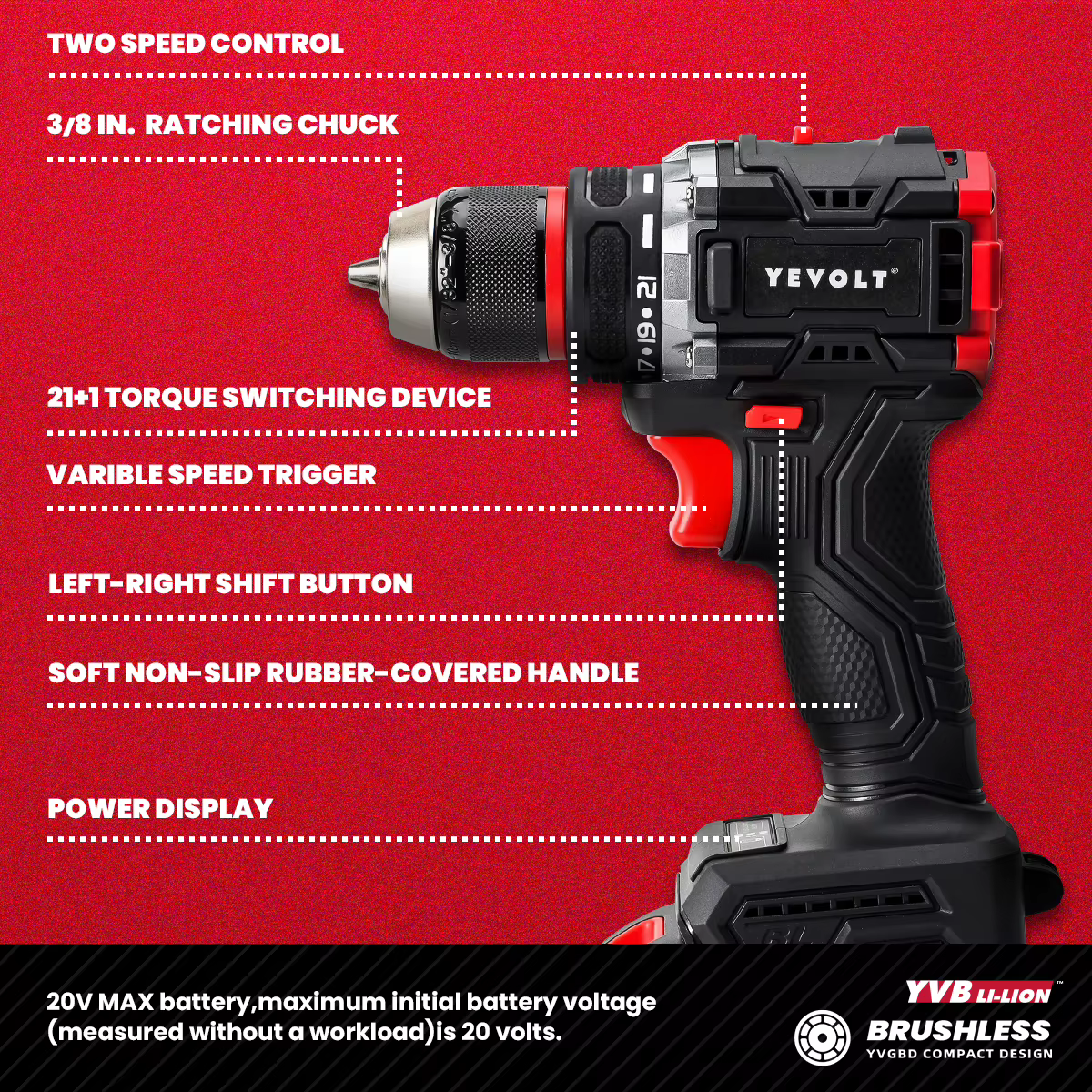 YEVOLT perceuse électrique 20V sans brosse Li-ion Compact sans fil 21 + 1 pilote tournevis à main outils électriques série YVGBD20DU2