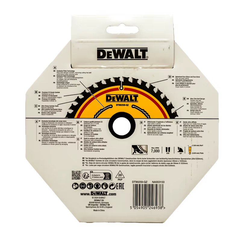 DEWALT DT90259 Lame de scie circulaire ELITE 184 mm x 20/16 mm 40 T réduit les éclatures