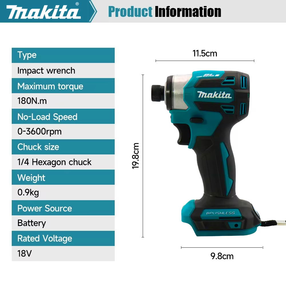 Makita DTD173 18V Visseuse à percussion sans fil 180N.m Perceuse électrique sans balais Tournevis LED Outils électriques multifonctions pour la maison