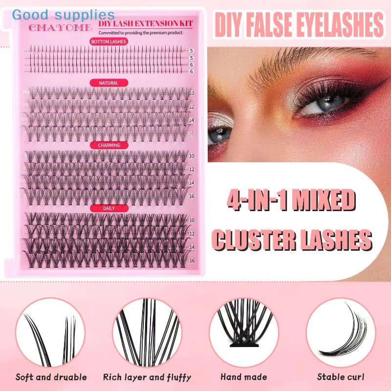 Kit d'extension de cils DIY - Clusters mixtes imperméables avec pinces à coller, cils épais, ensemble d'outils de maquillage pour extensions professionnelles