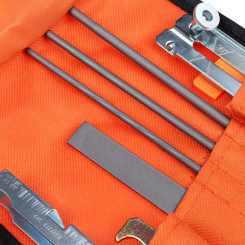 Kit d'affûtage de scie à chaîne professionnelle, ensemble d'outils, manche en bois dur, barre de guidage de fichiers ronde/plate, outils d'affûtage de fichiers 10-12 pièces