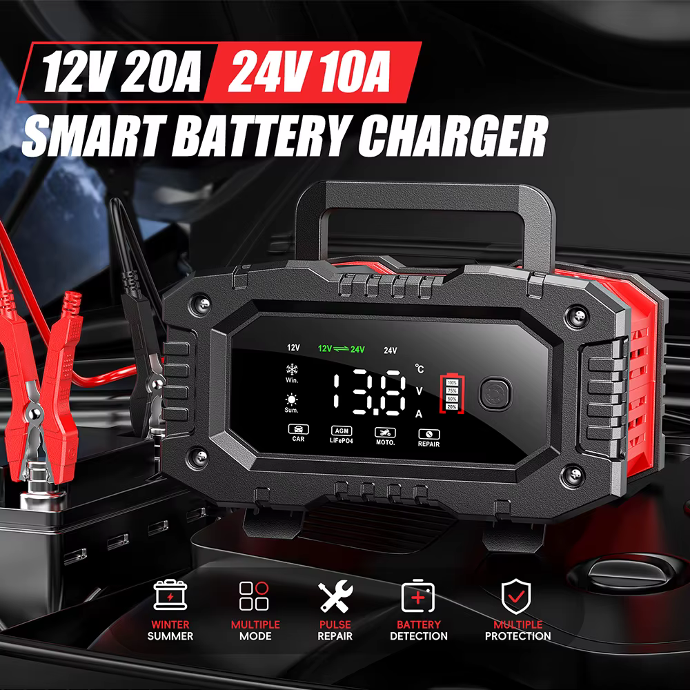 Chargeur intelligent de batterie de voiture et de moto FOXSUR 20A/10A 12V/24V pour batteries au plomb-acide et LiFePO4