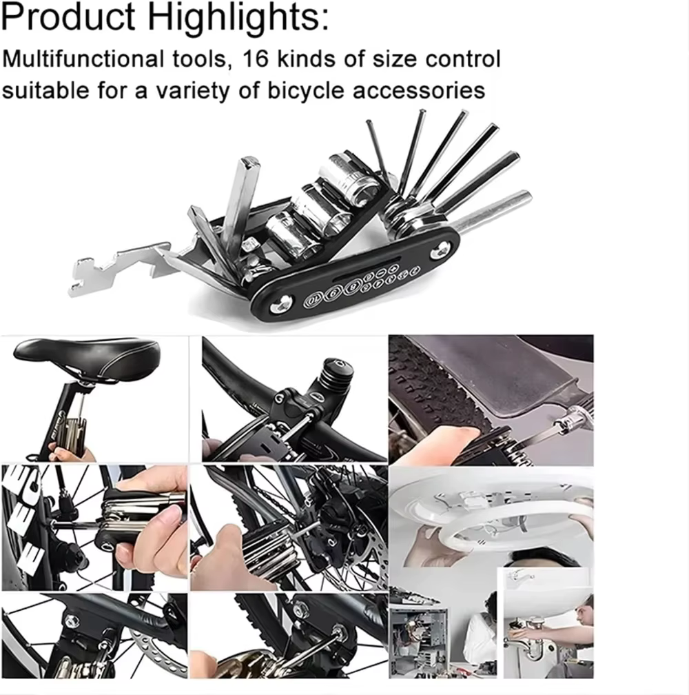 Kit d'outils de réparation de vélo portable 16 en 1 pour VTT et vélos de route