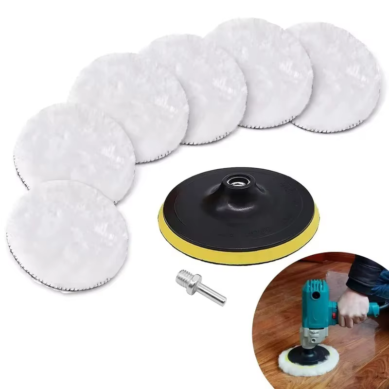 Lot de 8 tampons de polissage professionnels en laine pour voiture avec adaptateur de perceuse M10 (5 pouces)