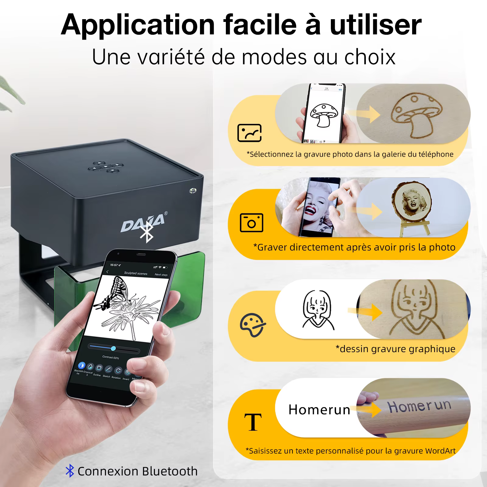 DAJA DJ6 Mini graveur Laser Portable bricolage Bluetooth Machine peint chien étiquette papier cuir en bois plastique