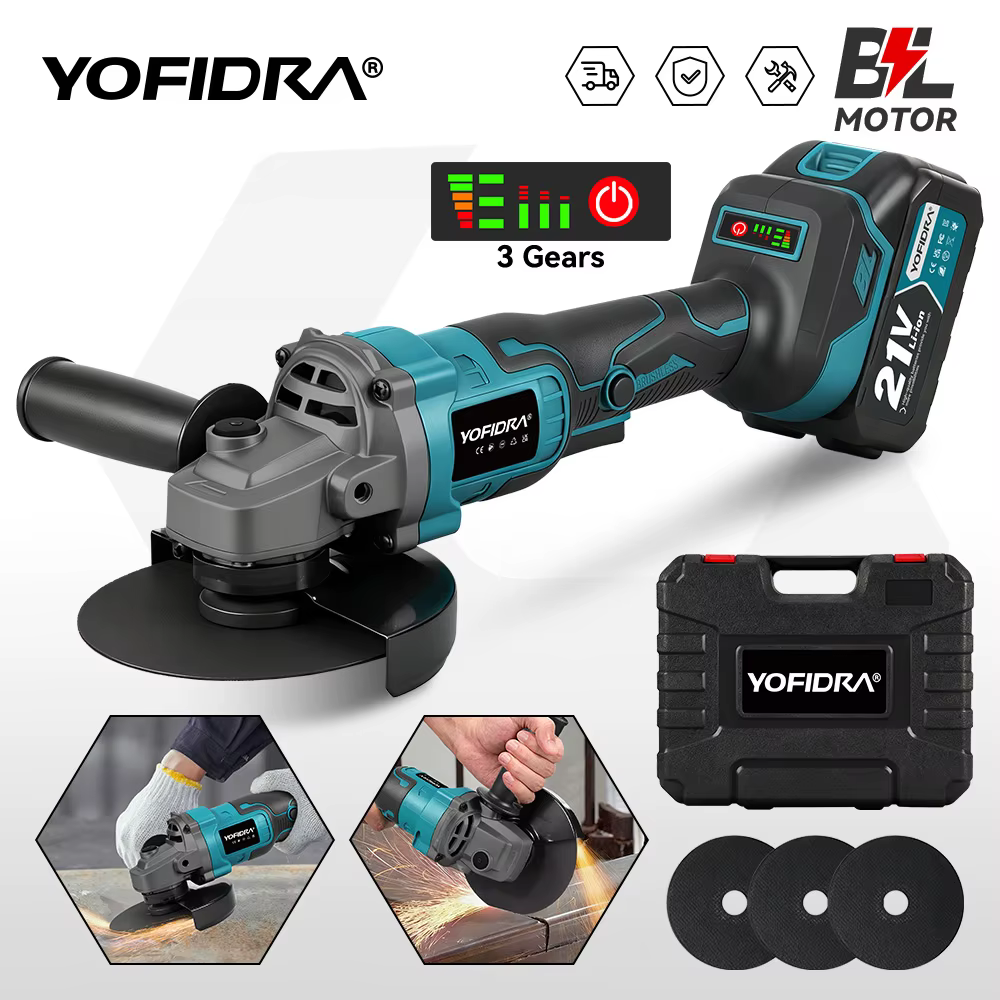 YOFIDRA 125mm meuleuse d'angle sans brosse 3 vitesses sans fil métal bois meulage polissage outil de coupe pour Makita 21V batterie broche