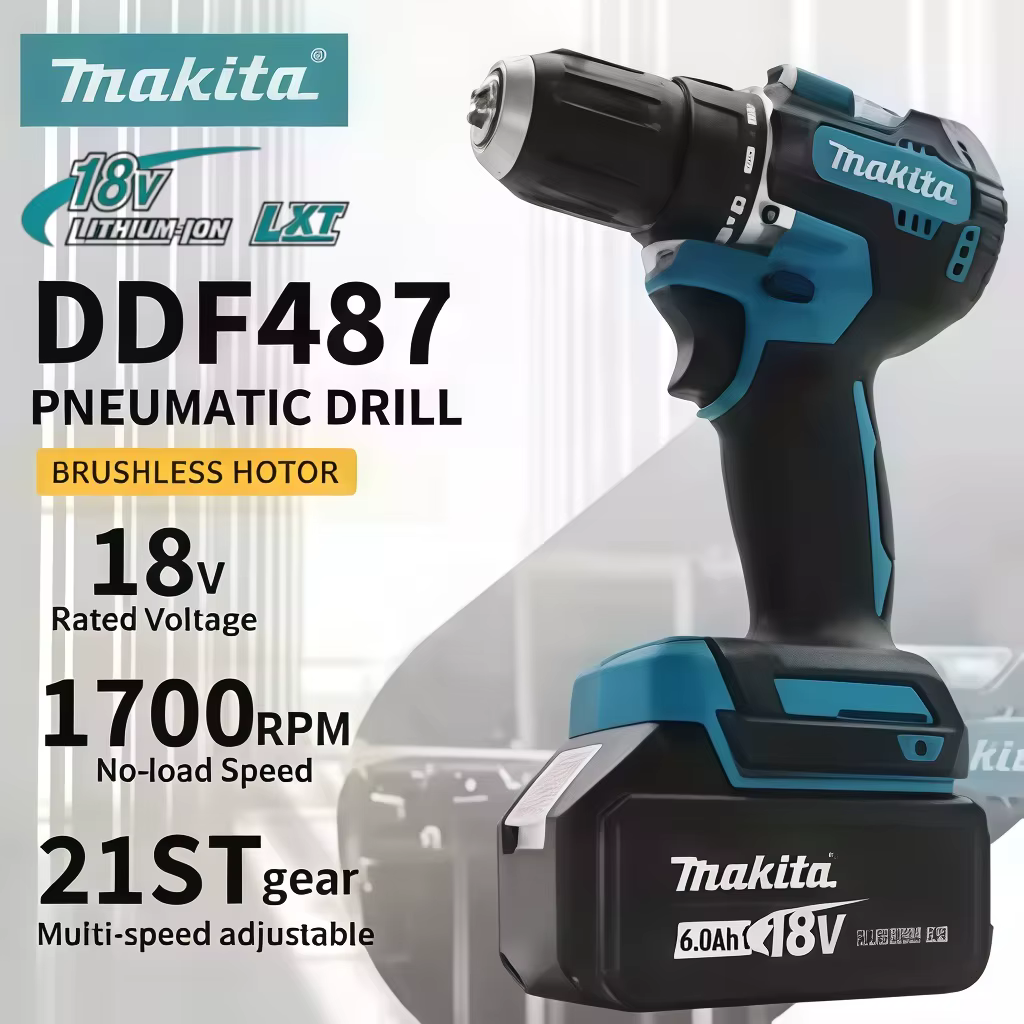 Perceuse-visseuse sans fil Makita DDF487 18V 13mm d'origine, équipée d'une batterie de remplacement 6Ah et d'un chargeur standard