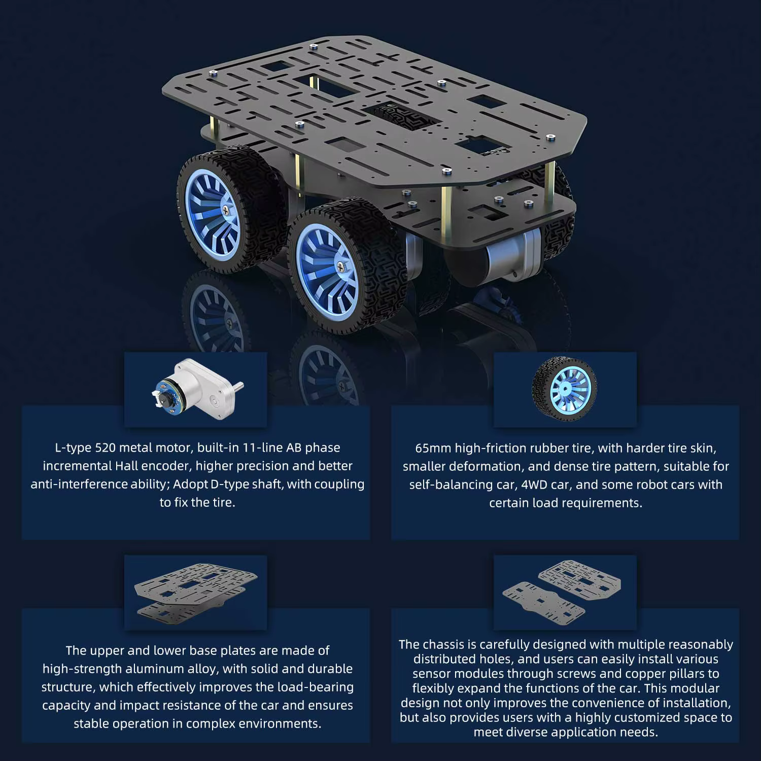 Mini châssis de voiture Robot intelligent, Kit en alliage d'aluminium à roues avec pneus en caoutchouc de 65MM, moteurs 520 de type L pour le développement électronique de bricolage