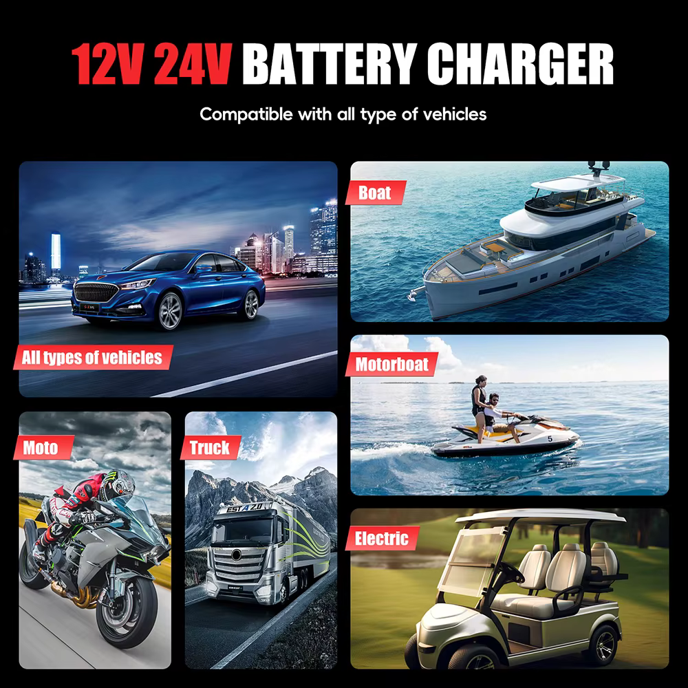 Chargeur intelligent de batterie de voiture et de moto FOXSUR 20A/10A 12V/24V pour batteries au plomb-acide et LiFePO4