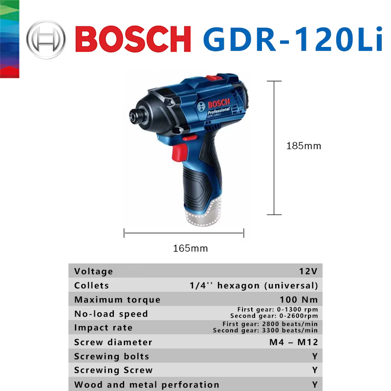 Bosch Original GDR 120-LI clé à chocs sans fil Rechargeable 100Nm pilote tournevis électrique perceuse à percussion