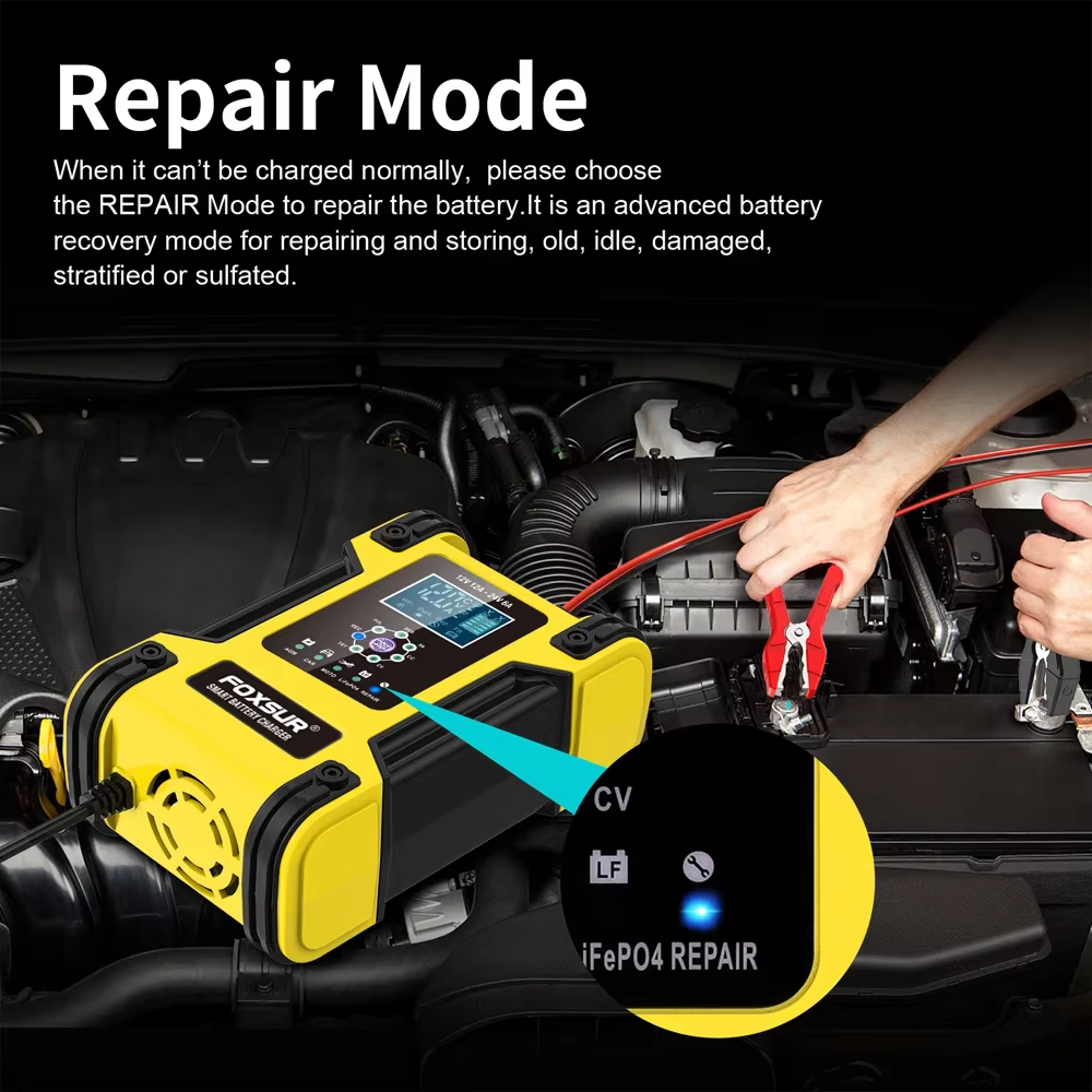 Chargeur de batterie de voiture entièrement automatique Foxsur 12V 12A avec affichage numérique