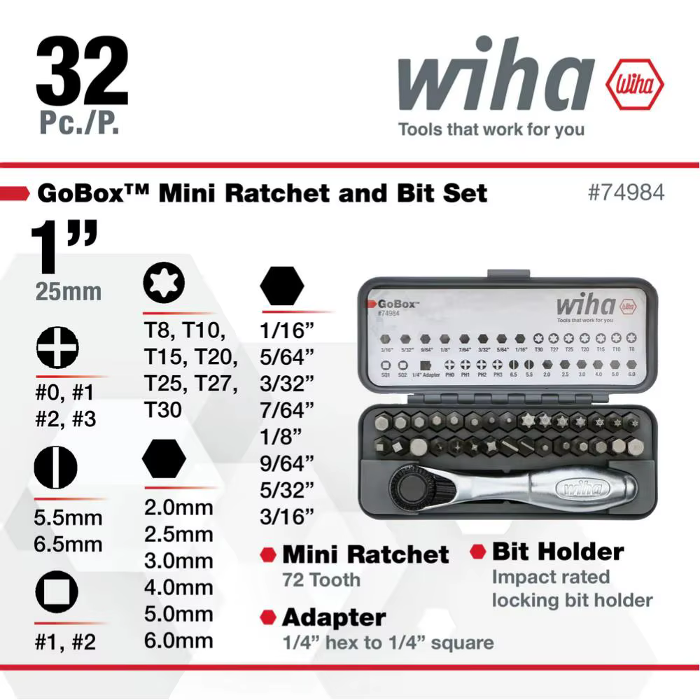 Wiha 32 pièces GoBox, jeu de clés à cliquet multifonctionnelles miniatures