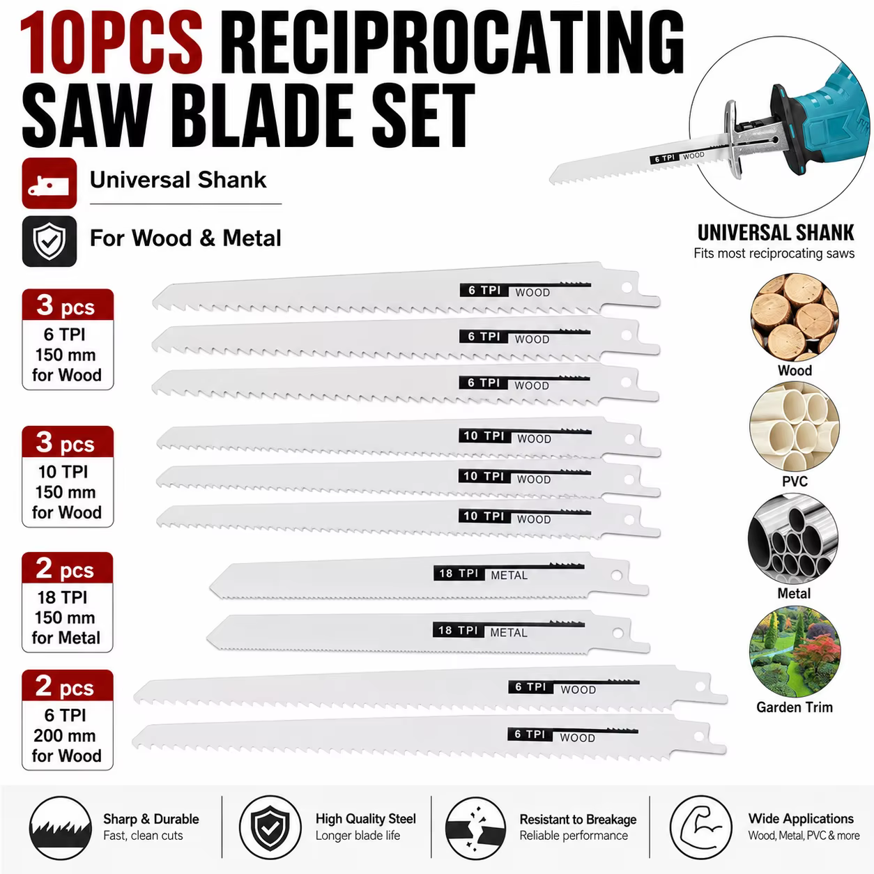 Lot de 10 lames de scie sabre à changement facile avec étui de rangement