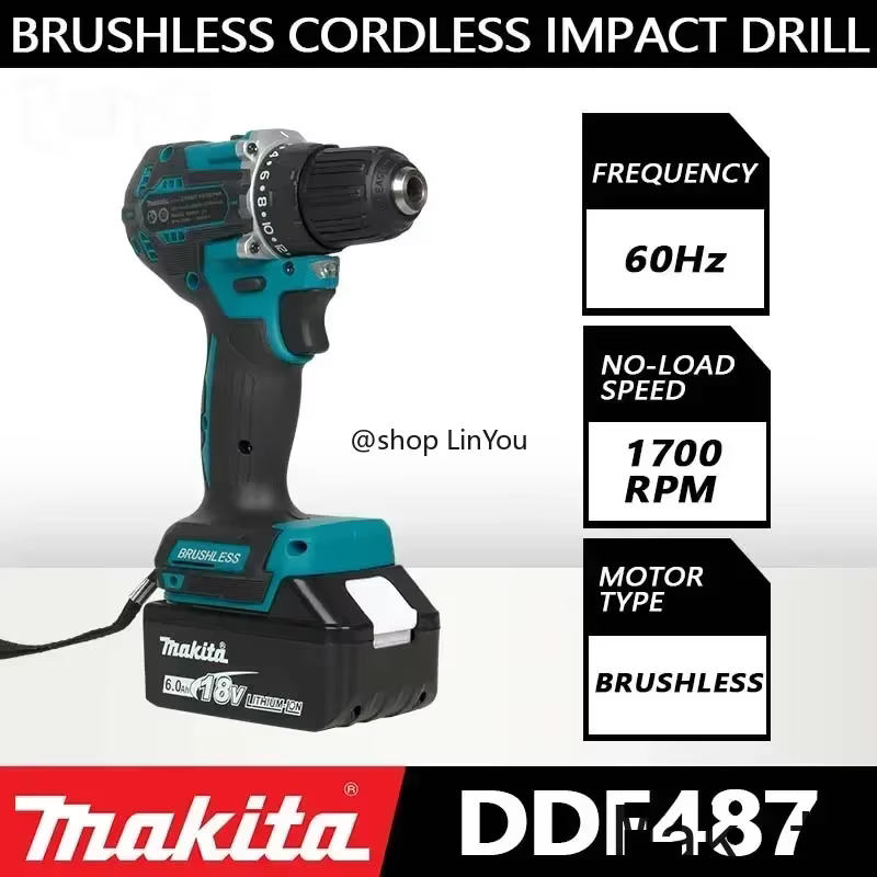 Perceuse à percussion Makita DDF487 10 mm sans balais 18 V lithium-ion rechargeable