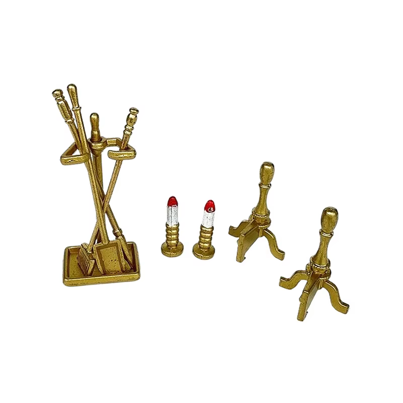 Pelle, bougeoir, support : mini ensemble d'outils de cheminée de 8 pièces pour exposition de maison de poupée