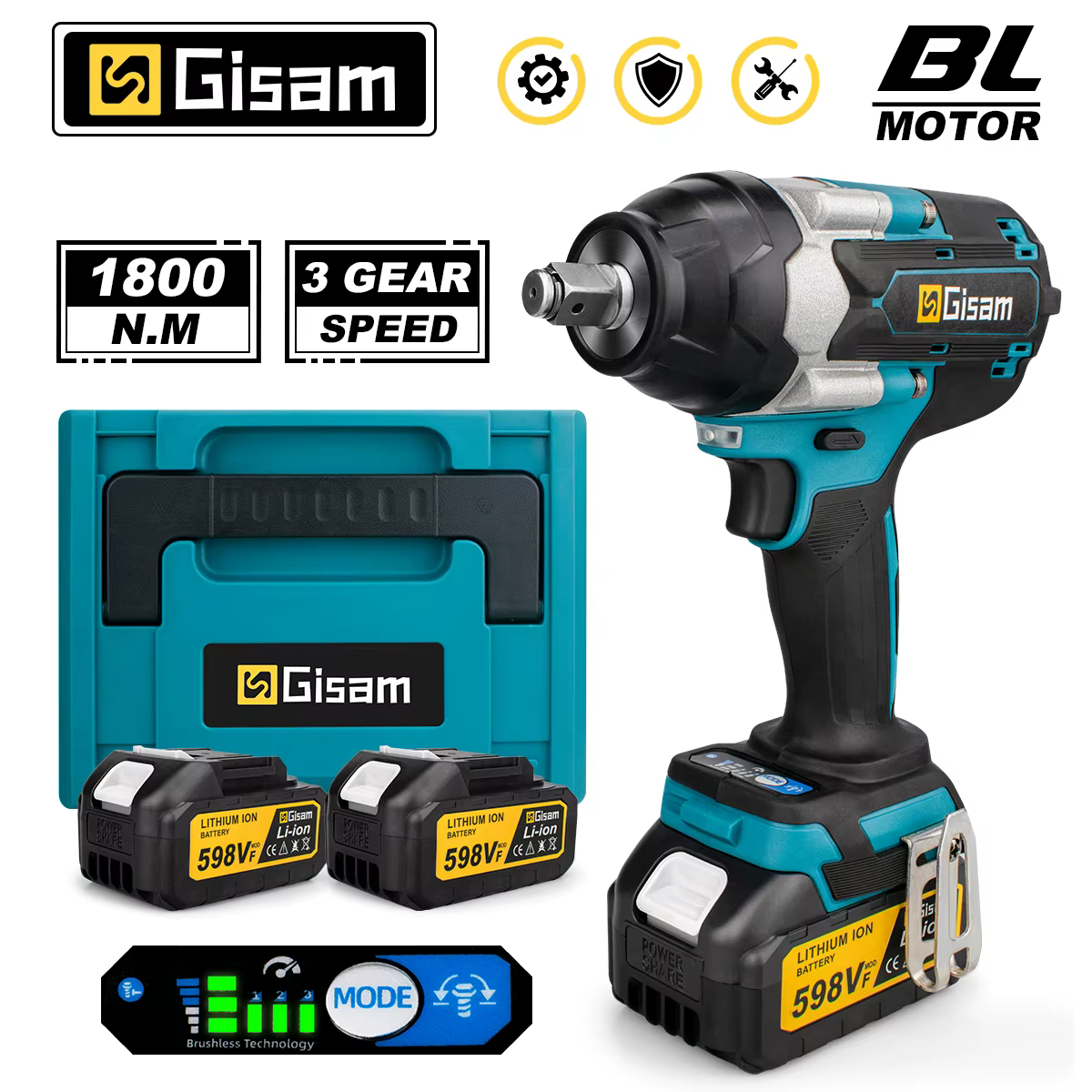 Gismis 1800N.M clé à chocs électrique sans brosse couple 1/2 pouces tournevis clé sans fil outil