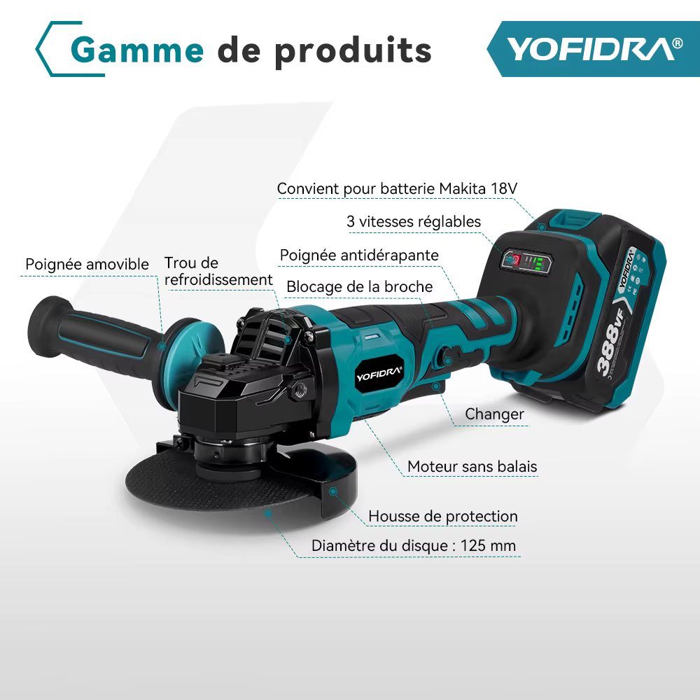 YOFIDRA 125mm meuleuse d'angle sans brosse 3 vitesses coupe efficace polissage outil de travail du bois pour Makita 18-21V batterie broche