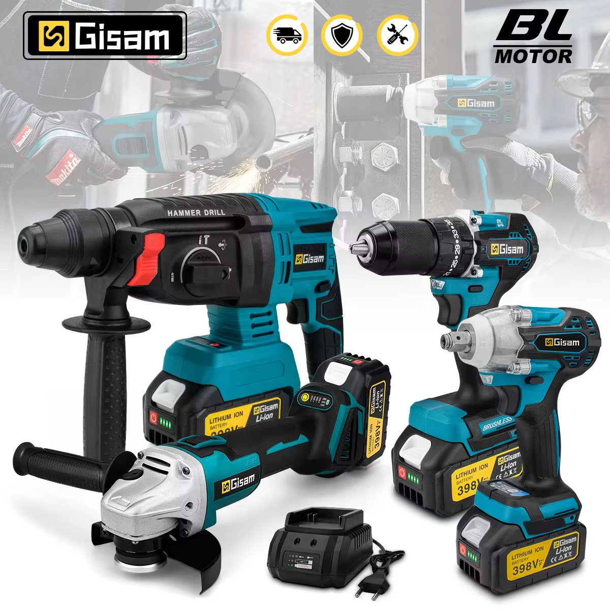 Gisam – Kits combinés sans balais 4 pièces : Clé à chocs électrique sans fil