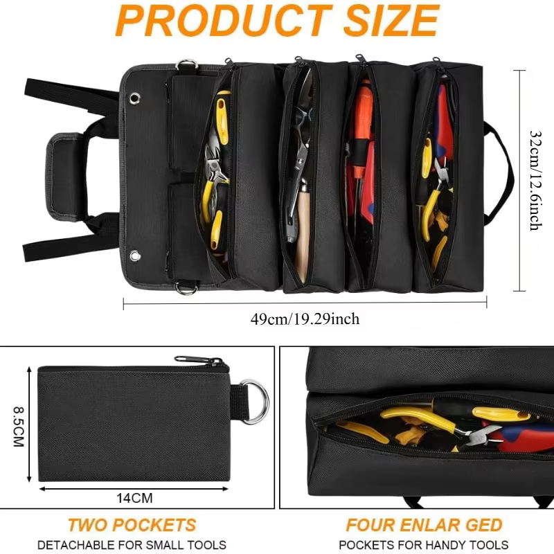 Sac à outils pliable et enroulable avec 2 pochettes zippées détachables