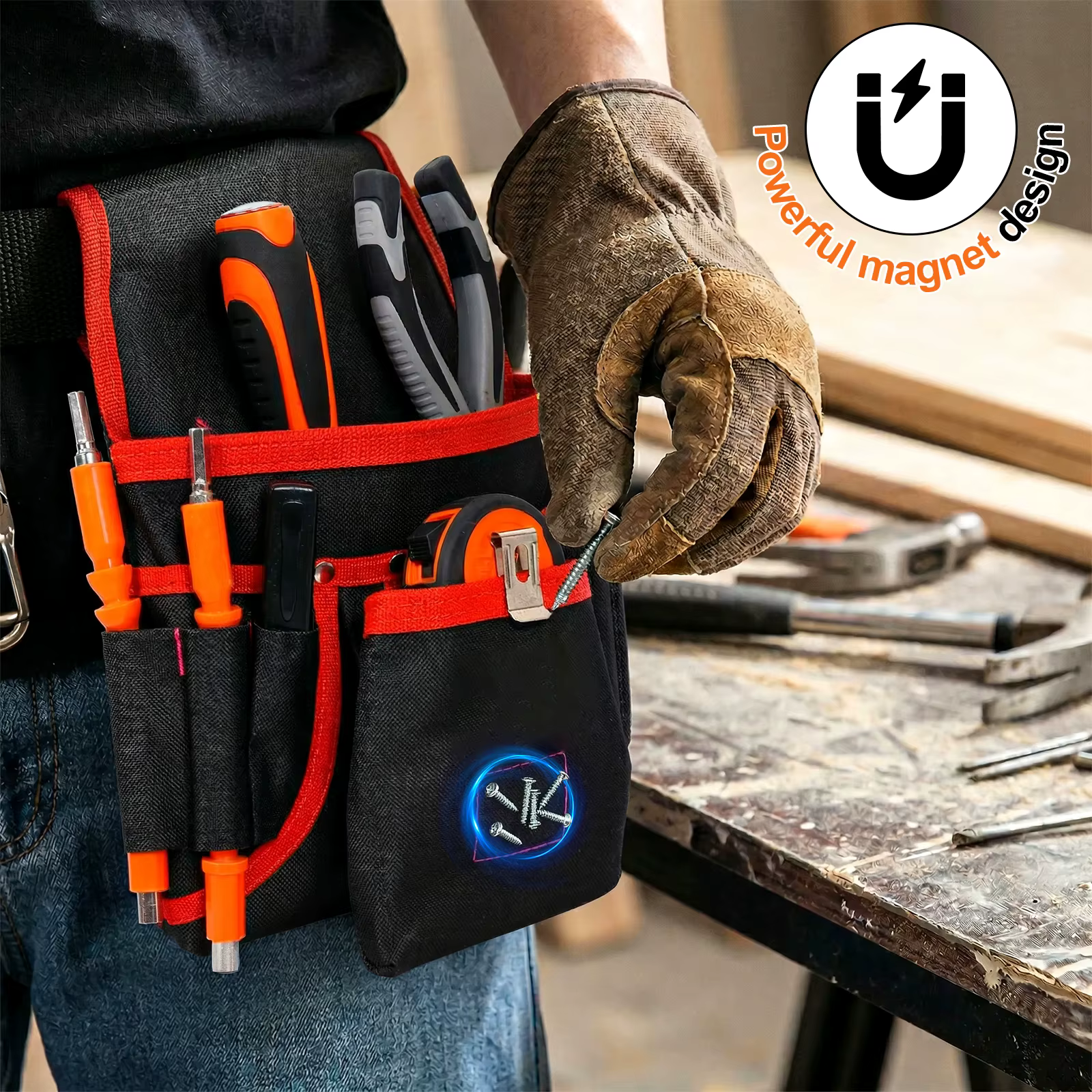 Ceinture porte-outils magnétique réglable multi-poches pour marteau