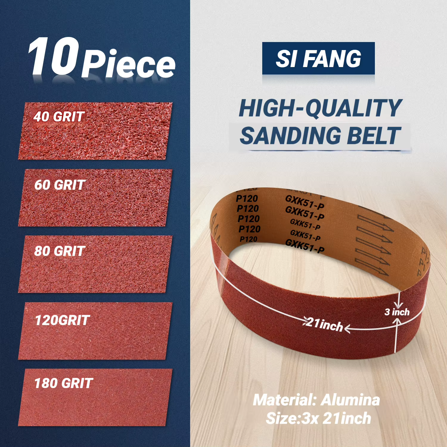 Lot de 10 bandes abrasives 75x533mm (3x21 pouces) en oxyde d'aluminium