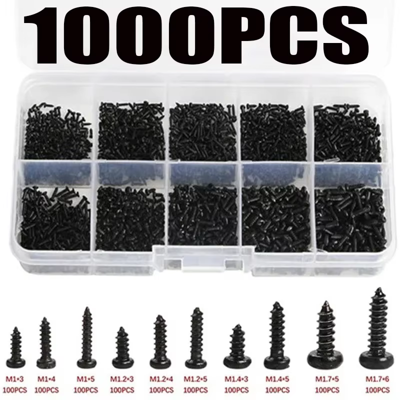 1000 pièces vis autotaraudeuses PA M1 M2 M1.4 M1.7 petite tête cylindrique Phillips vis pour ordinateur portable vis d'ordinateur noir