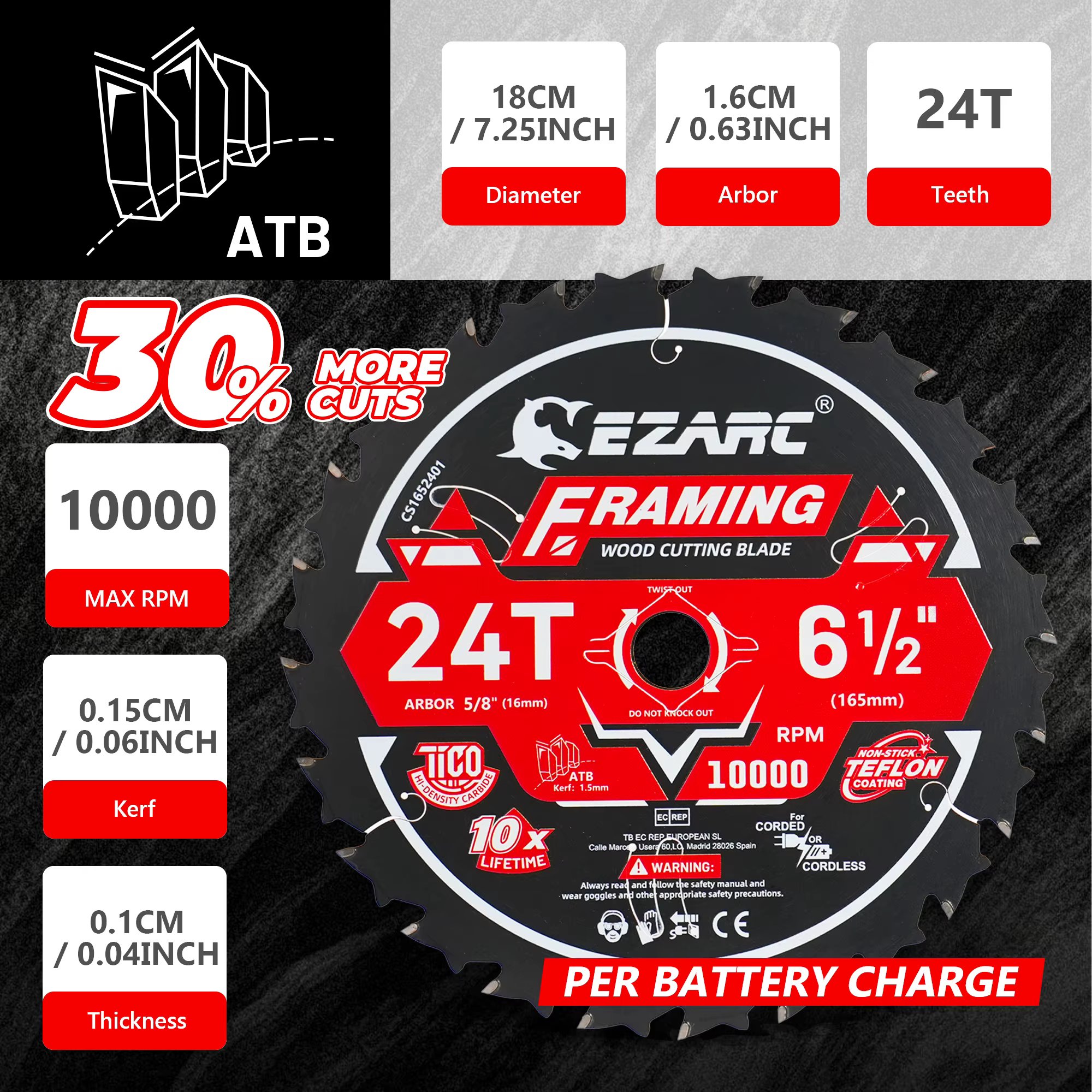 Lame de scie circulaire EZARC 6-1/2 pouces 24T/40T/60T
