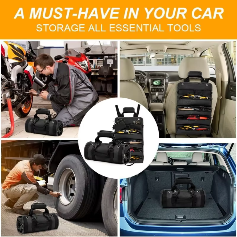 Sac à outils pliable et enroulable avec 2 pochettes zippées détachables