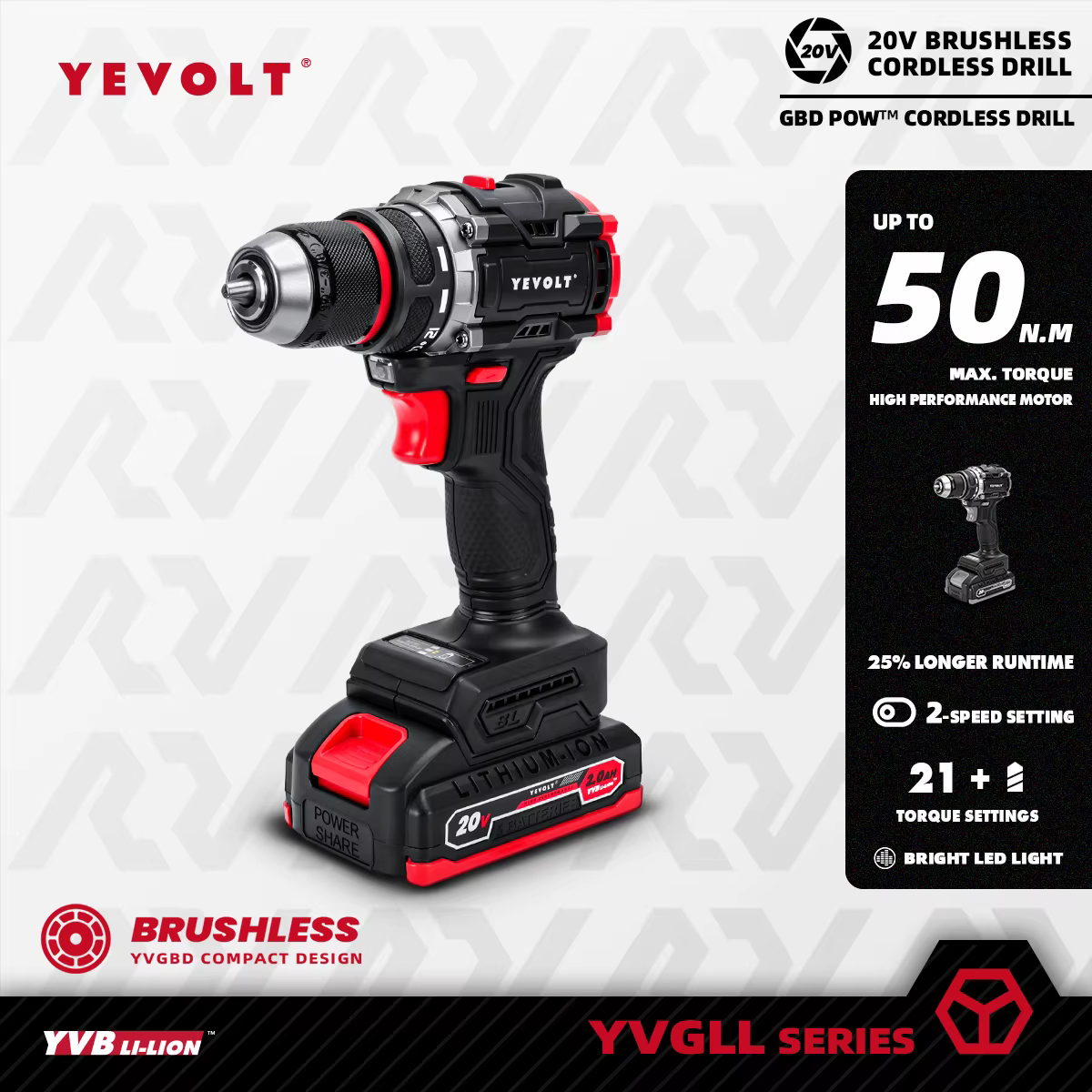 YEVOLT perceuse électrique 20V sans brosse Li-ion Compact sans fil 21 + 1 pilote tournevis à main outils électriques série YVGBD20DU2