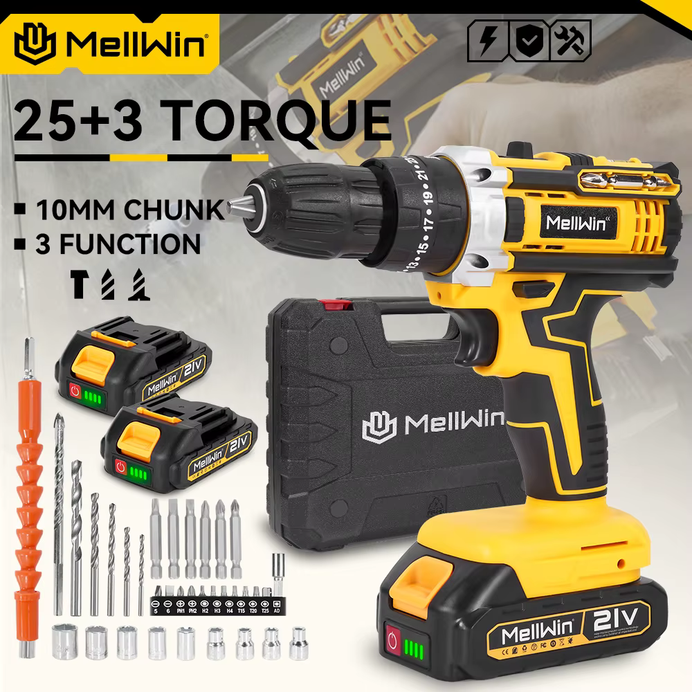 MELLWIN 25 + 3 couple sans fil perceuse à percussion électrique ensemble polyvalent tournevis