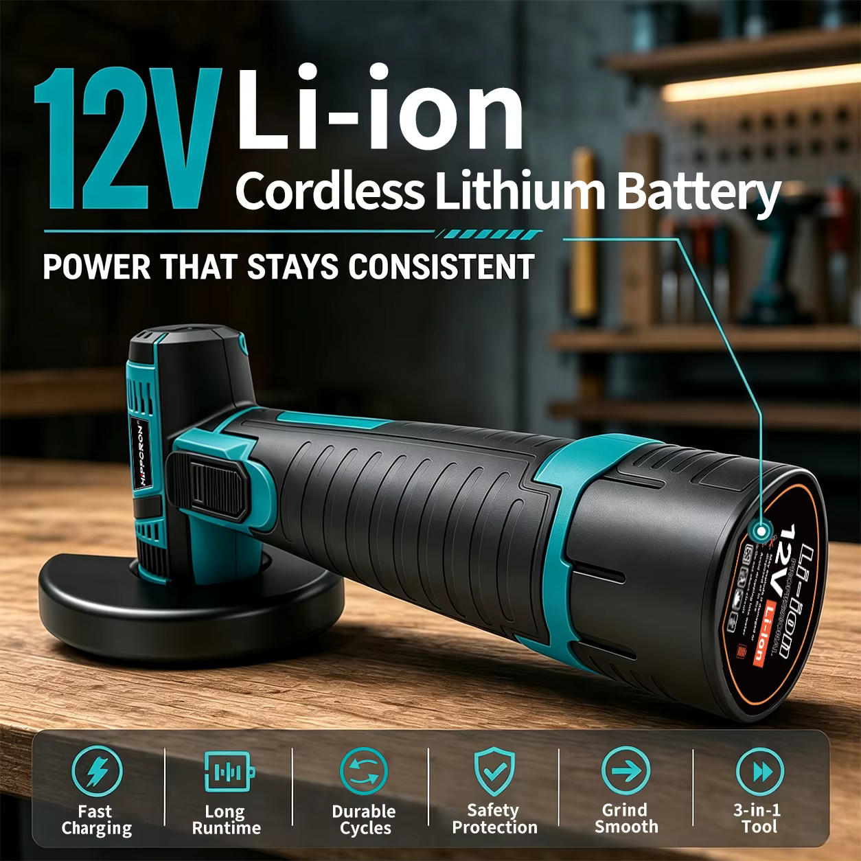 Hippcron Meuleuse d'angle électrique portable 12V sans fil, mini meuleuse de polissage, lame de coupe, machine à meuler, batterie au lithium universelle