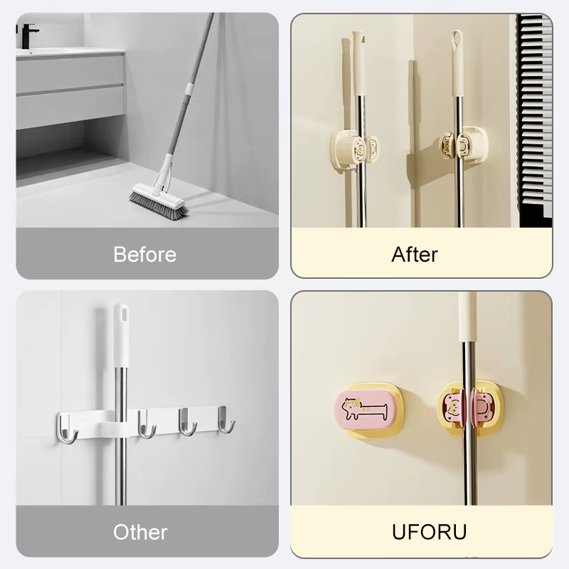 Support mural universel détachable UFORU pour balai et serpillière – Organisateur mignon pour outils de nettoyage de salle de bain