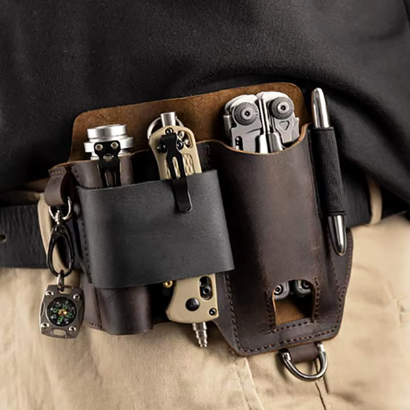 Support de gaine multi-outils en cuir pour hommes, étui à outils d'extérieur, lampe de poche, poche à couteau pliant