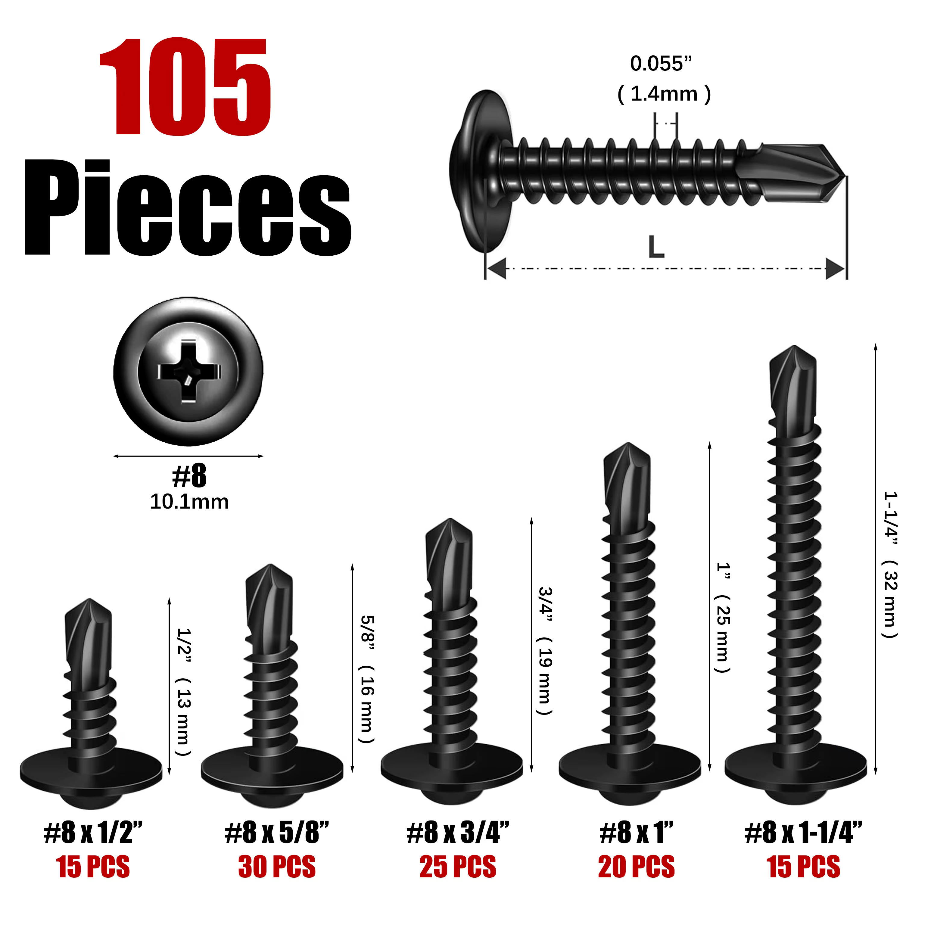 105 pièces # 8 vis autotaraudeuses