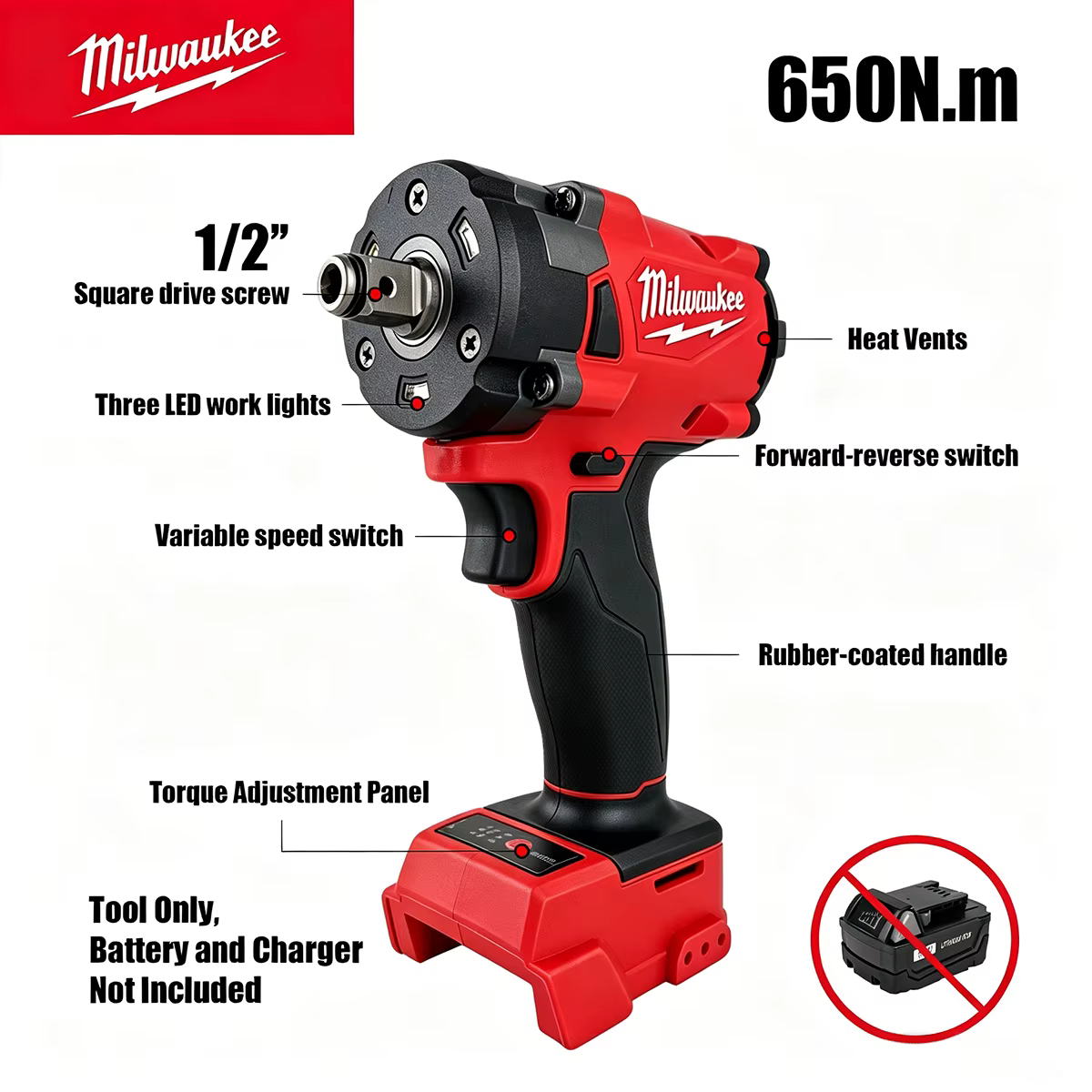 Clé à chocs sans fil Milwaukee 1/2' M18 FUEL Brushless 650N.m 9000RPM avec 3 lumières LED