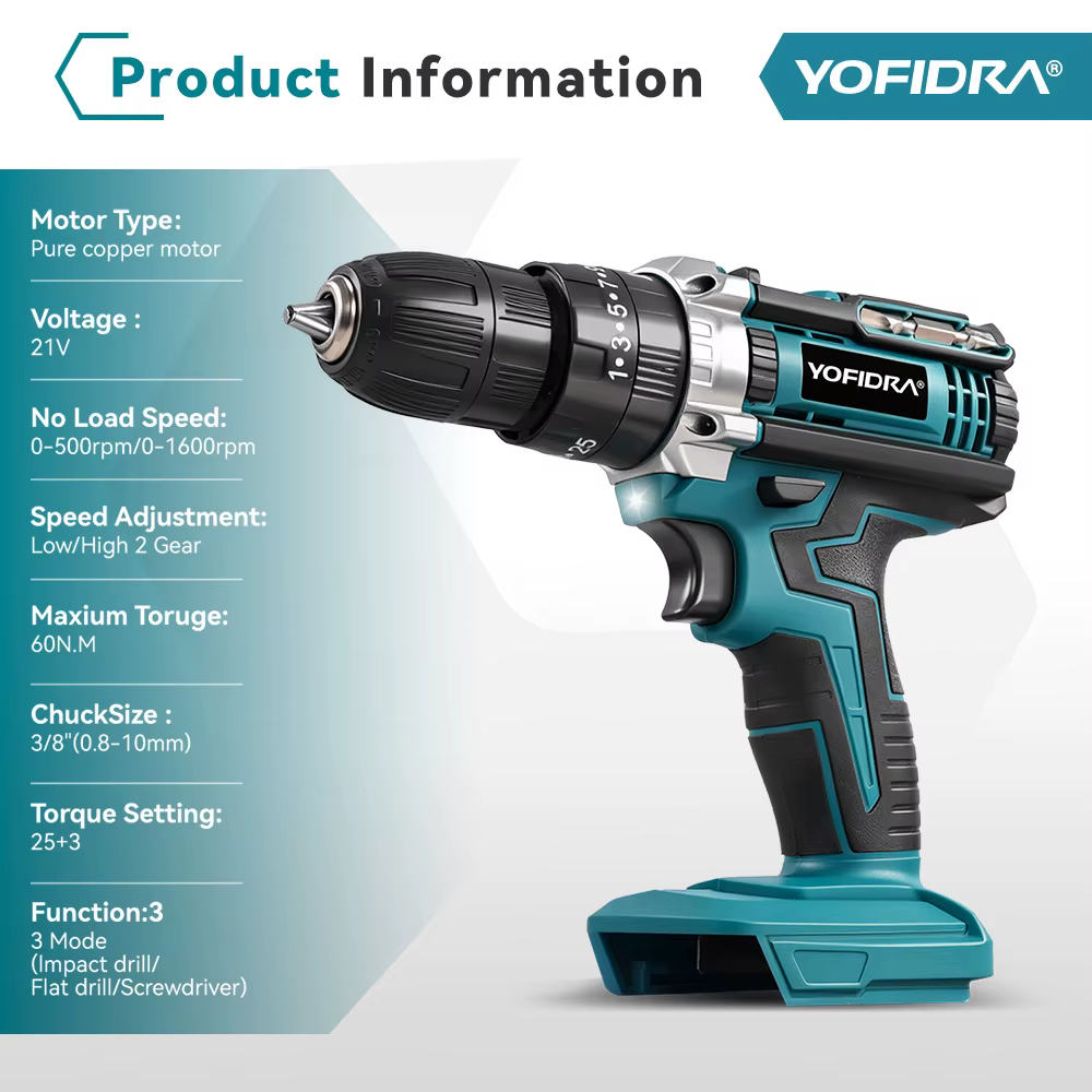 YOFIDRA 25 + 3 couple perceuse à percussion électrique 60N.M tournevis sans fil perçage ensemble d'outils domestiques pour Makita 18V batterie broche