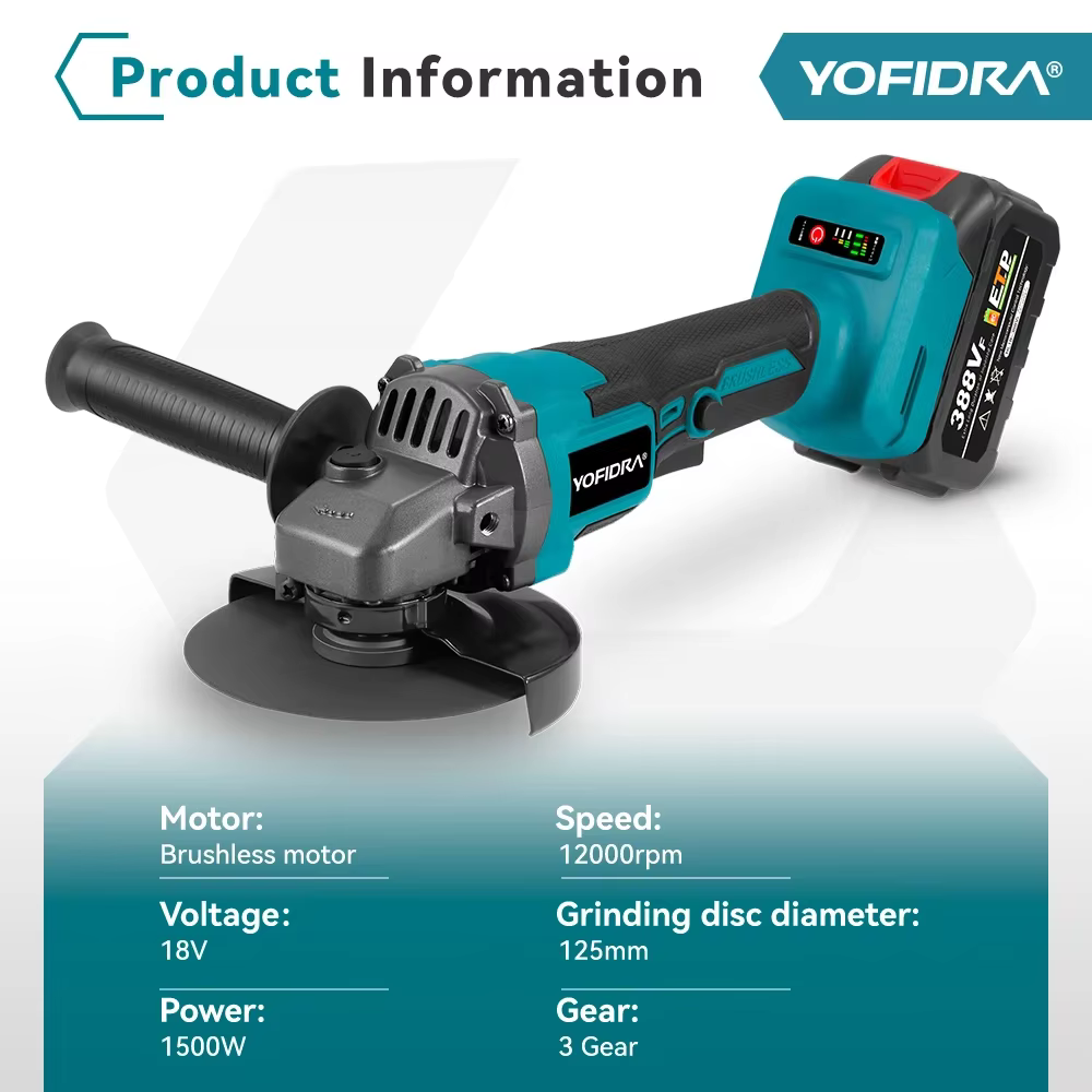 YOFIDRA 125mm meuleuse d'angle sans brosse 3 vitesses rectifieuse sans fil coupe outil de travail du bois adapté pour Makita 18V batterie broche