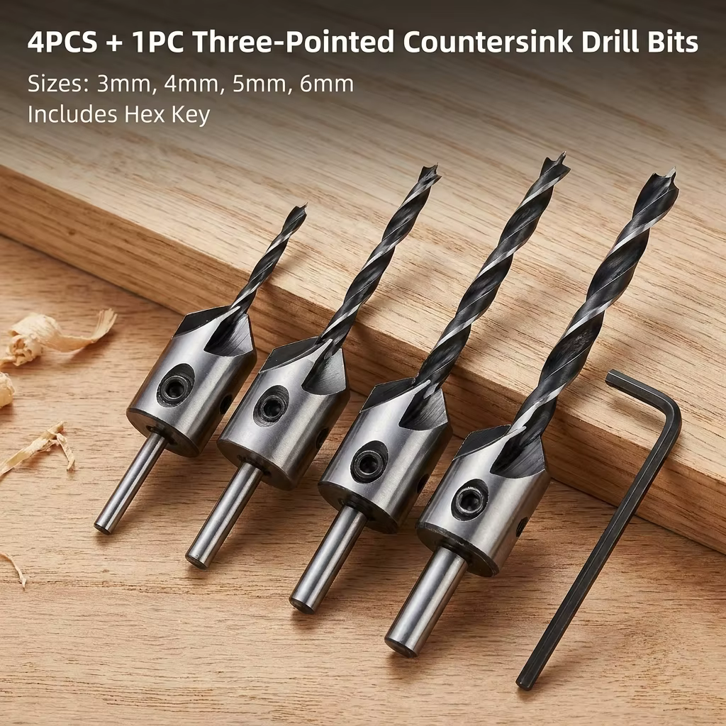 Jeu de 4 forets à chanfreiner à trois pointes de 3-6 mm pour le travail du bois