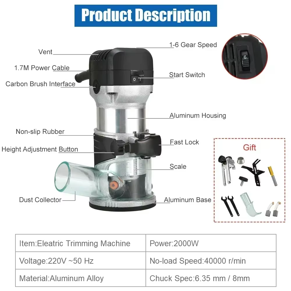 Tondeuse électrique routeurs 6.35/8mm 6 vitesses routeur